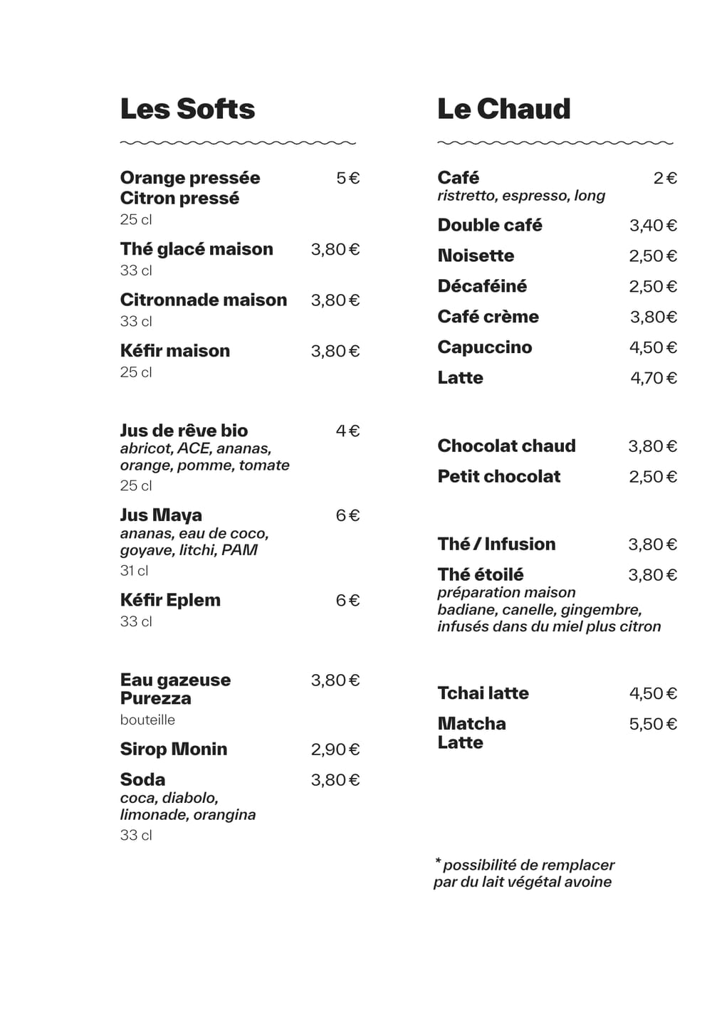 Carte des boissons chaudes et softs de MUSE : cafés, thés, chocolat, jus et citronnade maison