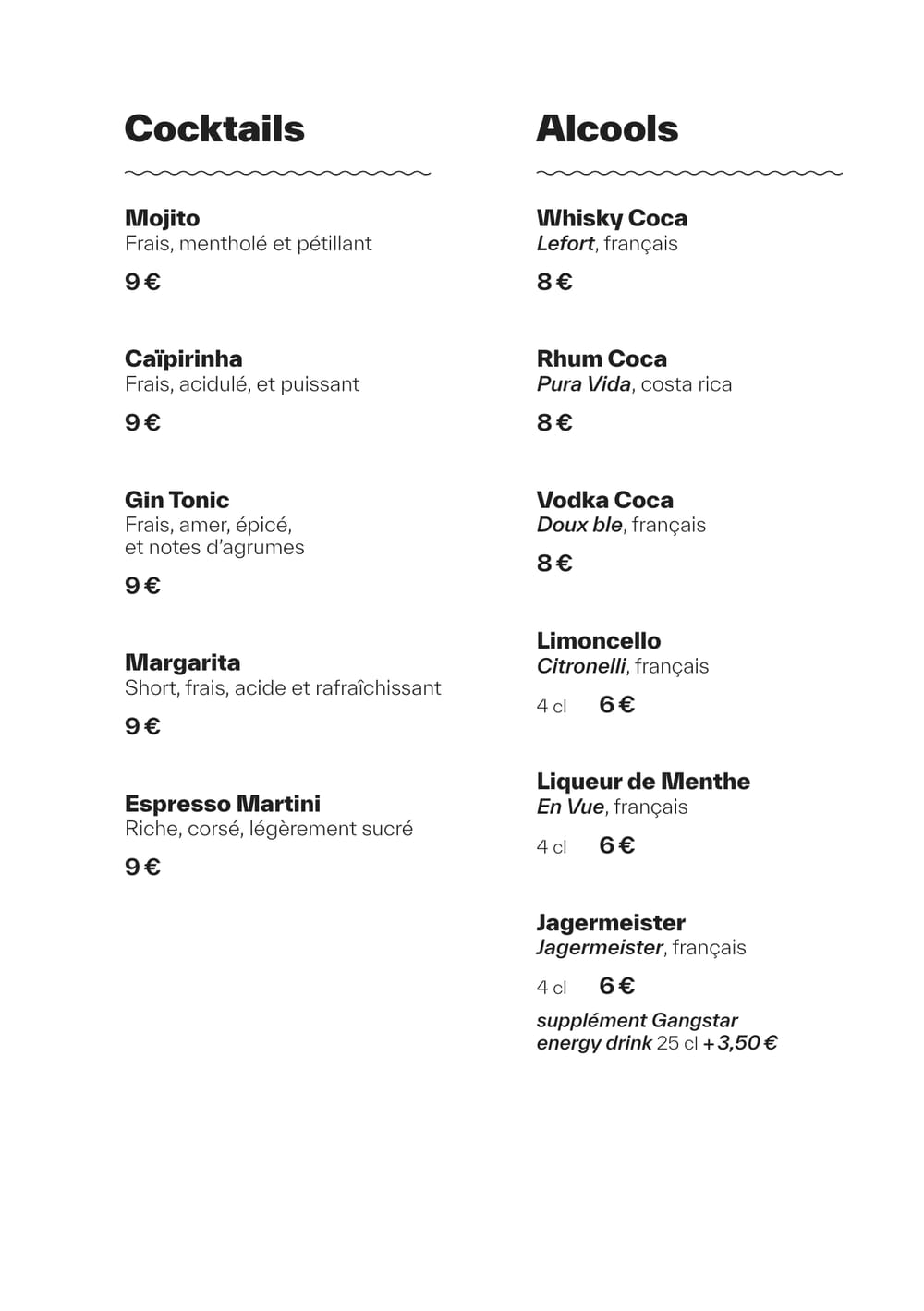 Carte des cocktails et alcools de MUSE : mojito, caïpirinha, gin tonic, margarita, espresso martini