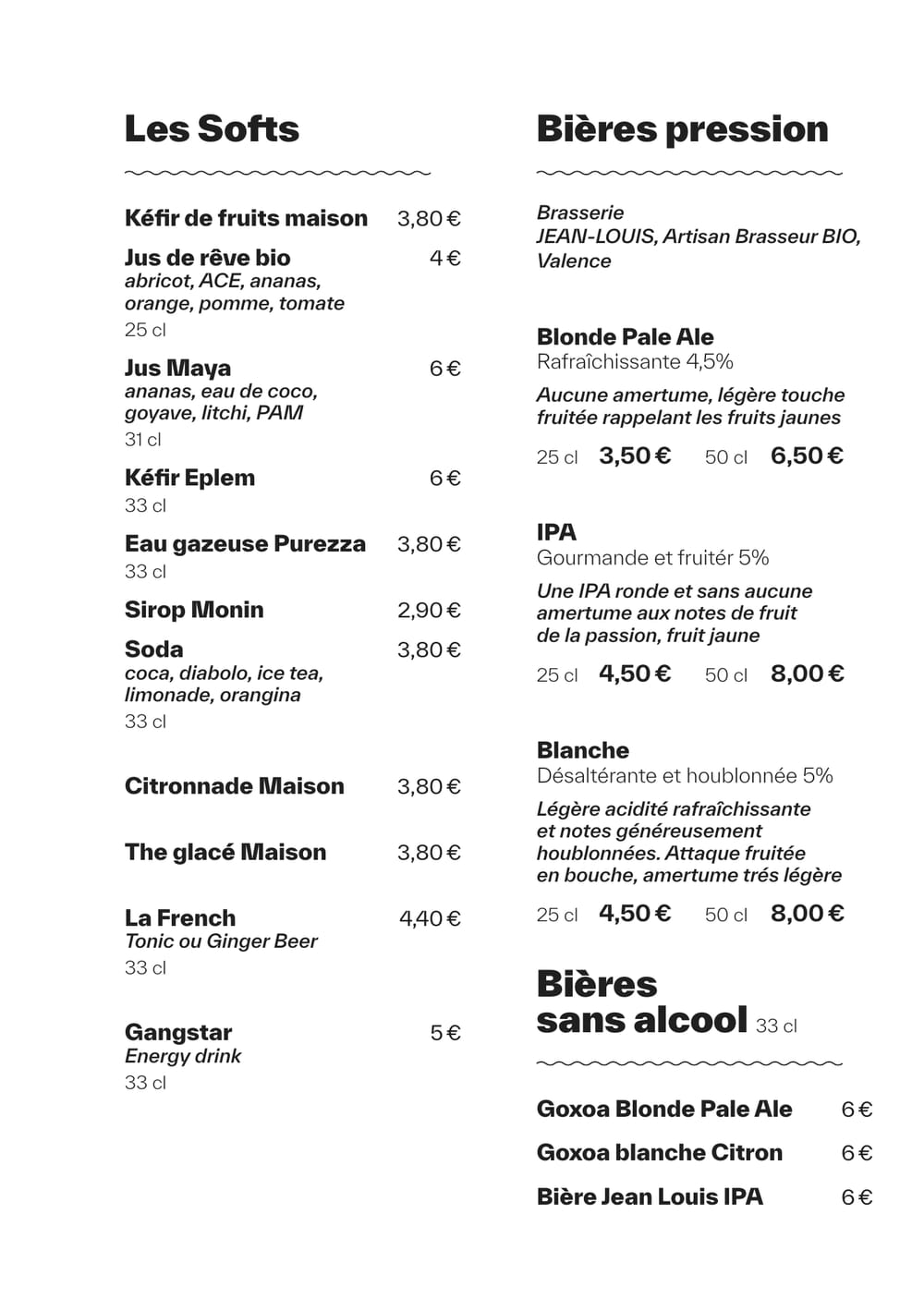 Carte des softs et bières pression artisanales bio de MUSE