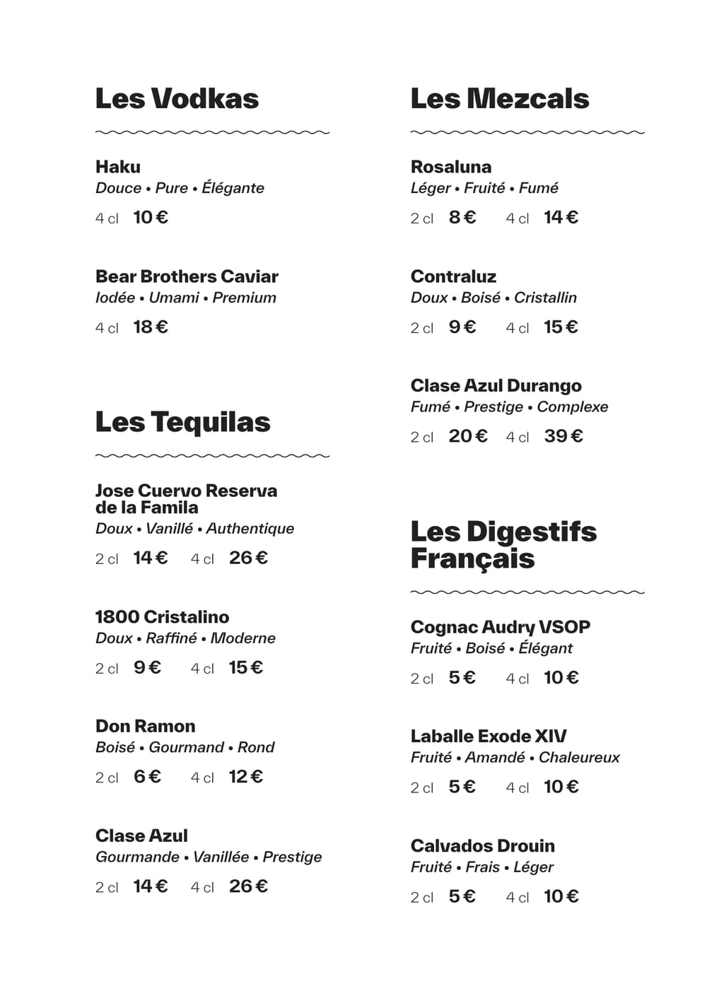 Carte des vodkas, tequilas, mezcals et digestifs de MUSE