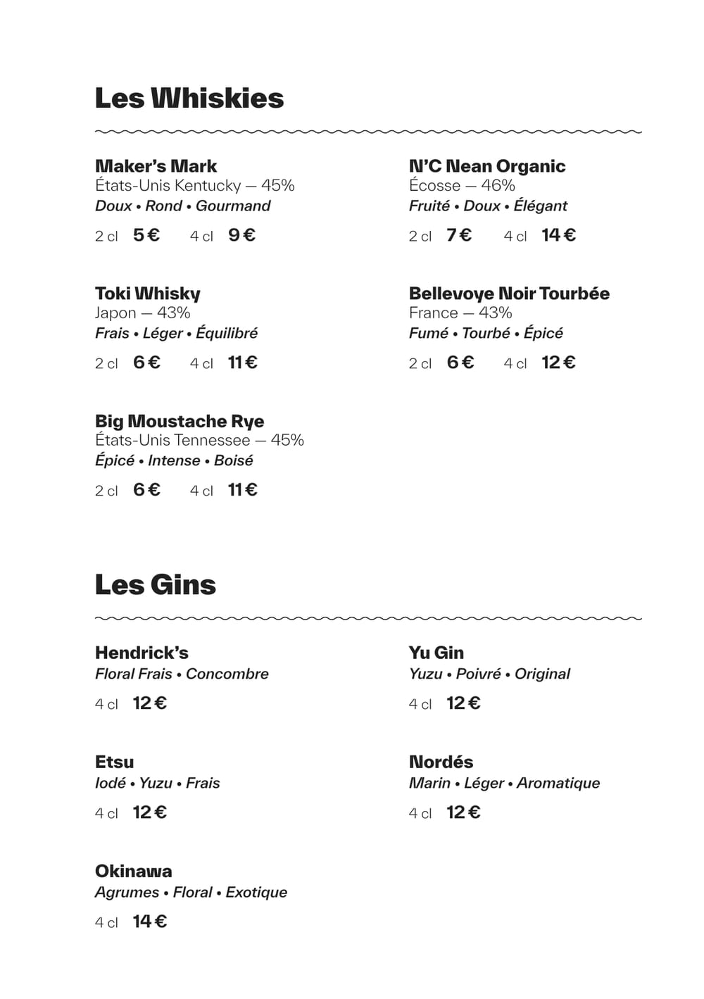Carte des whiskies et gins de MUSE