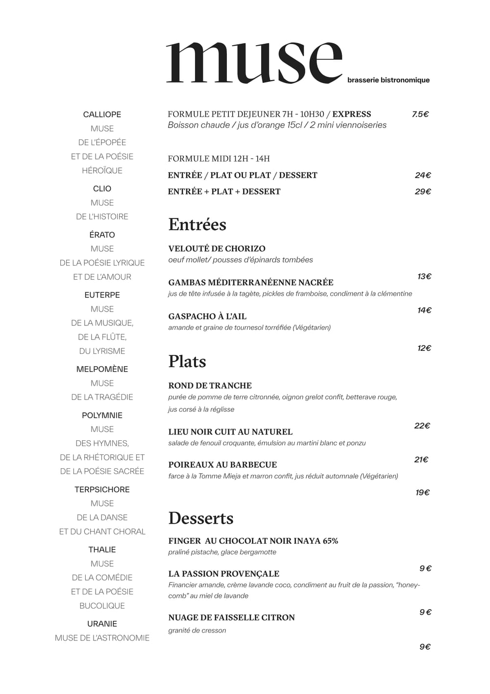Carte du midi de MUSE : formule petit-déjeuner, formule midi, entrées, plats et desserts de saison