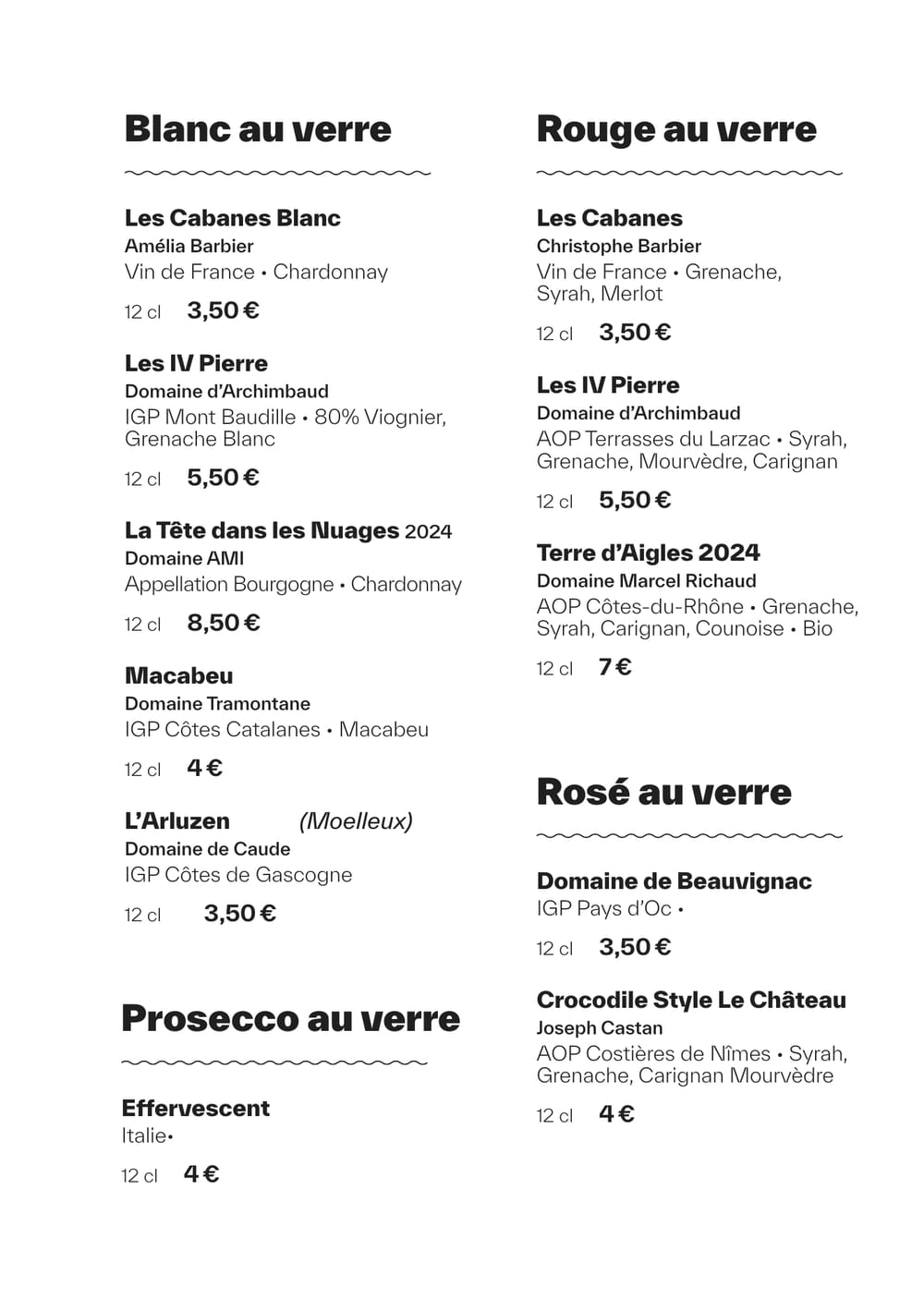 Carte des vins au verre de MUSE : blancs, rouges, rosés et prosecco