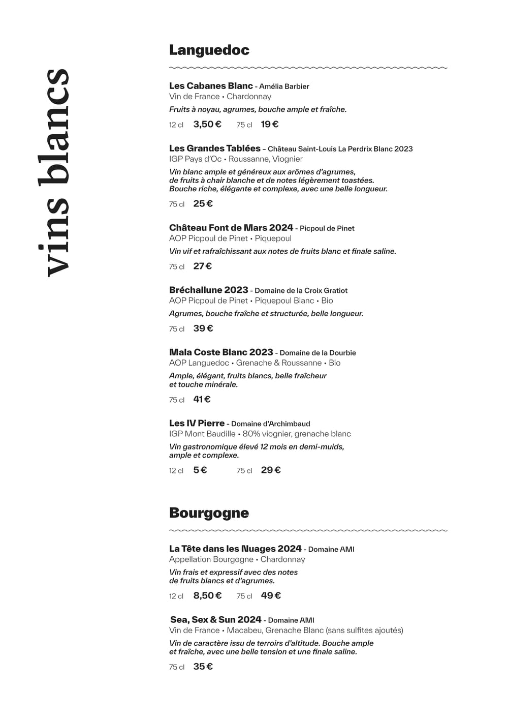 Carte des vins blancs du Languedoc et de Bourgogne de MUSE