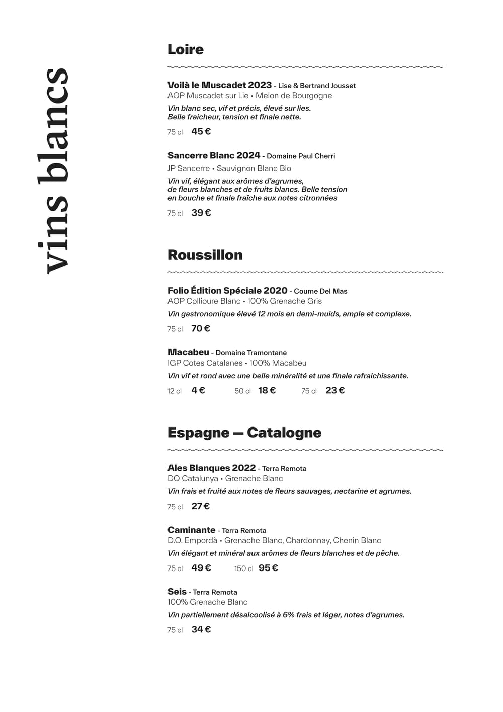 Carte des vins blancs de Loire, du Roussillon et de Catalogne de MUSE