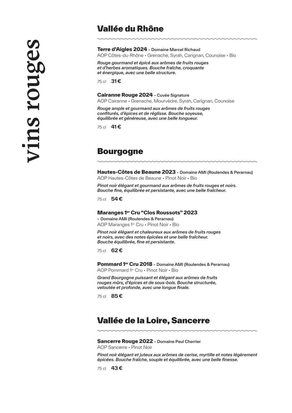Carte des vins rouges de la Vallée du Rhône, de Bourgogne et de Loire de MUSE