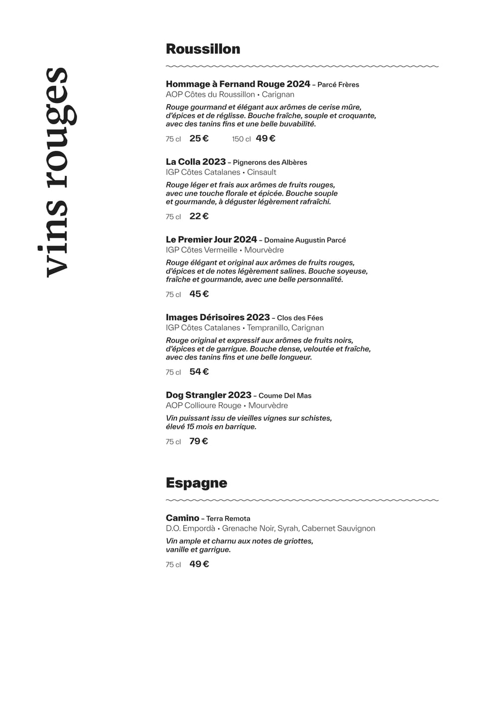 Carte des vins rouges du Roussillon et d’Espagne de MUSE